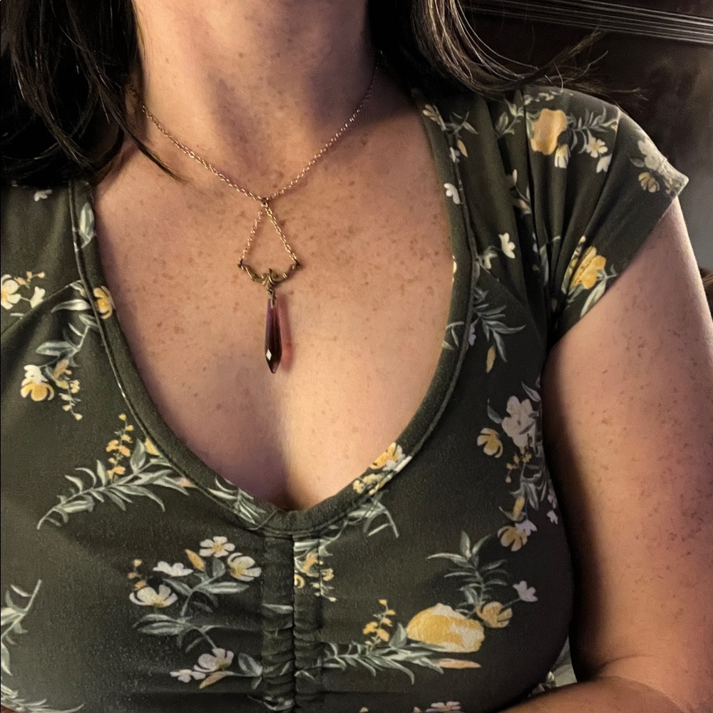 Art Nouveau Amethyst Glass Pendulum and Paste Lavalier Brass Necklace